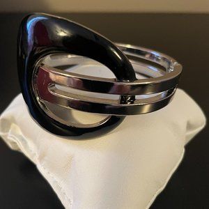 Silver Plated Hinge Bangle with Black Accent Design
